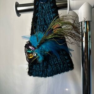 Knit Headband with Feather and Gem Accents
